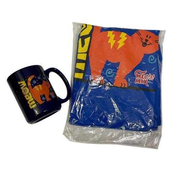 Meow Mix Vintage Lot 90's Promo T Shirt and Mug Size XL Blue Matching Set